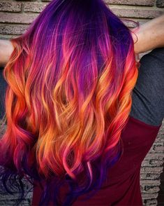 Another view of this fire 🔥 🔥🔥🔥using my favorite @pulpriothair @brazilianbondbuilder @framar Purple Halloween Hair, Red Purple And Blonde Hair, Sunset Hair Color Peek A Boo, Bright Colour Hair Ideas, Short Fun Colored Hair, Fire Colored Hair, Bright Summer Hair Color, Danger Jones Hair Color