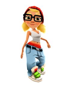 a cartoon girl with glasses riding a skateboard on a white background in the air