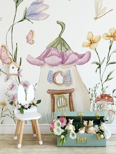 a wall mural with flowers and a fairy house