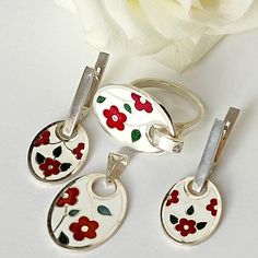 925 Sterling Silver Floral Enamel Jewelry Set - Earrings Pendant Ring Flower Jewelry, Git For Women, Gift For Her, Armenian SilverEnamel jewelry enchants with its sophistication and beauty. The variety of colors and shades with which such decorations can be painted, allows you to create unique products that emphasize your personality.Jewelry enamel is essentially a glass alloy. It can be more fusible or less, of different colors and different types of application. The alloy contains a solution o Jewelry Enamel, Pendant Ring, Ring Flower, Set Earrings, Earrings Pendant, Flower Jewelry, Pendant Rings, Enamel Jewelry, Unique Products