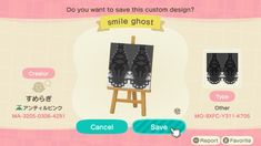 an animal crossing game screen with the caption do you want to save this custom design?