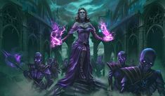 a woman standing in front of some demonic looking people with purple hair and glowing eyes