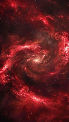 an artist's impression of a spiral galaxy in red and black with stars around it