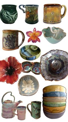 many different types of cups and saucers on a white background with one red flower in the middle