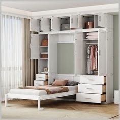 a white bed sitting next to a closet filled with drawers and clothes on top of it