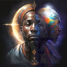 two black men facing each other in front of the moon and earth with stars on their foreheads