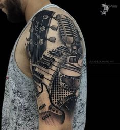 Rocknroll Tattoo Ideas, Music Sleeve Tattoo For Men, Drum And Bass Tattoo, Drum Tattoos For Men, Arm Tattoos Music, Bass Tattoo, Upper Arm Tattoos For Guys, Personal Tattoos, Piano Tattoo