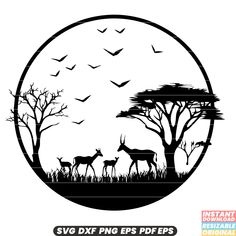 the silhouettes of deer and trees are shown in this circular frame with birds flying over them