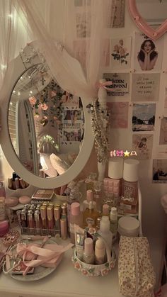 there is a vanity with many items on it