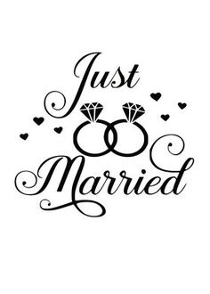 the words just married with two wedding rings and hearts on it's side, in black ink