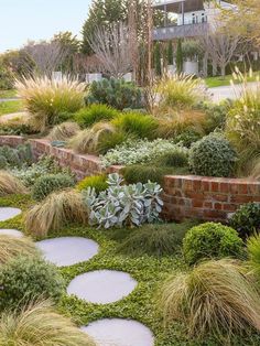 a garden with lots of green grass and plants on it's sides, along with stepping stones in the middle