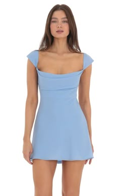 Cowl Neck Open Back Dress in Blue | LUCY IN THE SKY Light Blue Hoco Dress, Blue Hoco Dress, Upf Clothing, Cute Homecoming Dresses, Blue Dress Short, Blue Homecoming Dresses, Lucy In The Sky, Open Back Dress, Grad Dresses