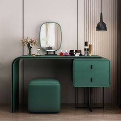 a dressing table with a mirror, stool and flower vase on the floor next to it