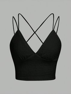 Crisscross Back Shirred Cami Top Black Boho   Fabric Plain Cami Slight Stretch Summer Women Clothing, size features are:Bust: ,Length: ,Sleeve Length: Black Cami Top, Boho Fabric, Black Boho, Women Tank Tops, Cropped Cami, Cami Crop Top, Bralette Tops, Tank Top Cami, Kids Sleepwear