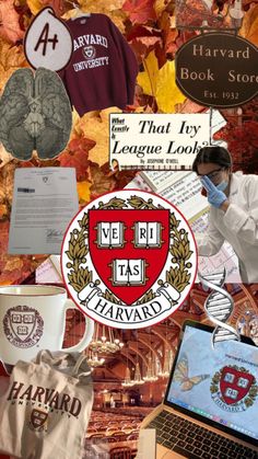 collage of various items from harvard and other college related items in front of them