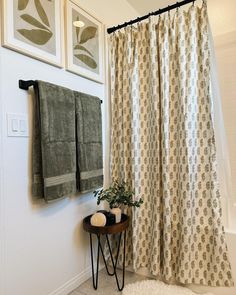 a bathroom with two towels hanging on the wall next to a plant and a mirror