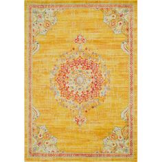 a yellow rug with an ornate design on the center and bottom, in different colors