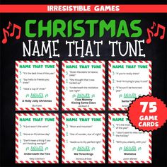 Get ready for holiday fun with this Christmas Name That Tune Game! Perfect for family gatherings, holiday parties, and festive game nights, this Christmas song trivia game will have everyone laughing and singing while trying to figure out the song title. Players divide into two teams and compete to name holiday song titles based on three lyric clues per card. The less clues you need, the more points you earn, all while the timer is ticking down! With 75 game cards featuring a variety of classic Christmas Music Quiz, Name That Tune Game, Christmas Song Trivia, Christmas Trivia Game, Taboo Game, Holiday Song, Office Party Games