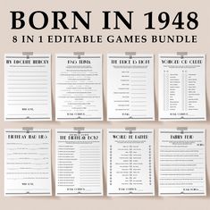 the birthday games bundle is shown in black and white, with text that reads born in 1932