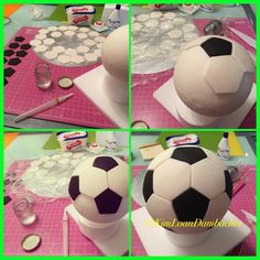 four photos of a soccer ball cake