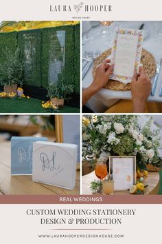 the wedding stationery design and production process is shown in three different pictures, including flowers