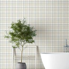 a potted plant sitting next to a bathtub in front of a wallpapered wall