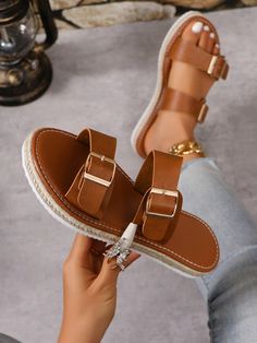 Women's Woven Sole Slide Sandals, Flat Heel Casual Vacation Style Slippers Brown         Women Shoes, size features are:Bust: ,Length: ,Sleeve Length: Workplace Outfits, Types Of Sandals, Open Shoes, Trendy Slippers, Women Slippers Fashion, Shoes Hack, Slides For Women