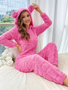 Women's Heart Print Long Sleeve Hooded Pajama Jumpsuit, Fall/Winter Hot Pink Cute  Long Sleeve Flannelette Plain  Slight Stretch All,Fall/Winter Women Sleep & Lounge, size features are:Bust: ,Length: ,Sleeve Length: Pink Christmas Pjs, Pink Holiday Outfits, Fuzzy Pjs, Hooded Pajama, Pajamas For Christmas, Pajama Jumpsuit, Fuzzy Robe, Hoodie Pajamas, Transgender Outfits