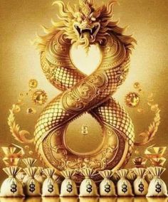 the golden dragon is surrounded by white vases and gold decorations, with an intricate design on