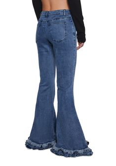 Look like a royal at school with these pants that have a denim construction, a washed finish, a flared leg silhouette with ruffled details, bow appliques on the front pockets, back pockets, and a front zipper and button closure. Flared Denim Jeans, Bow Applique, Flared Denim, Denim Jeans Pants, Princess Core, Sugar Thrillz, Flare Denim Jeans, Fairy Dress, Denim Flares