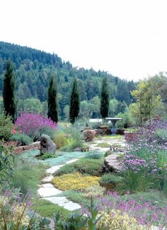 a garden with lots of flowers and trees in the background, along with a stone path leading to a bench