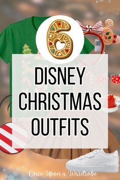 the disney christmas outfits are on display in front of a background with text overlay