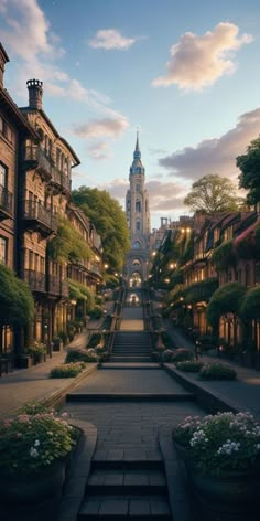 an empty street with steps leading up to the steeple and flowers in pots on either side