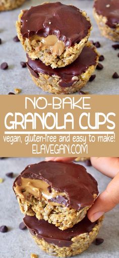 chocolate covered granola cups are stacked on top of each other with the words, breakfast granola cups vegan, gluten free, and easy to make