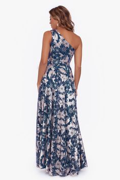 "Gwen" Long One Shoulder Wrap Foil Flower Dress – Betsy & Adam Navy And Gold Dress, Braidsmaid Dresses, Mog Dresses, Mother Of The Bride Hair, Evening Dress Collection, Dresses For Prom, Long Formal Dress, Shoulder Wrap, Dress One Shoulder