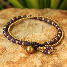 NOVICA - Amethyst & Brass Beaded Bracelet Amethyst Bracelet Beads, Ribbon Jewelry, Brass Bell, Bean Bag Chair Kids, Printed Jewelry, Brass Bells, Electronics Jewelry, Popular Jewelry, Handmade Brass