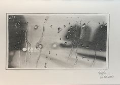 a black and white drawing of rain drops on a window glass with trees in the background