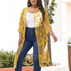 Elevate your wardrobe with the Anna-Kaci Women's Plus Size Lace Cardigan, a perfect blend of elegance and comfort. This exquisite piece is designed to complement any ensemble, whether layered over a swimsuit or paired with your favorite dress.

- Size: Available in X-Large/XX-Large
- Material: Soft, lightweight lace mesh fabric
- Color: Vibrant Yellow
- Gender: Female
- Age Group: Adult

Featuring a short sleeve design and an open front, this floral crochet long duster offers both breathability Cardigan Short, Drop Shoulder Cardigan, Sheer Kimono, Rib Knit Cardigan, Lace Kimono, Lace Cardigan, Floral Crochet, Womens Kimono, Yellow Lace