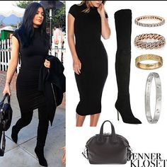 a woman in black dress and thigh high boots with handbag, purse and bracelets