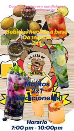 the poster for an event with different drinks and beverages on it, including lemons, lime