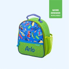 - TRANSPORTATION THEME - Stephen Joseph Lunch Box Send your little one off to preschool or elementary school with a cool personalized Stephen Joseph lunch box and optional matching backpack. These fun and functional matching lunchboxes are large enough to carry your children's lunch & snack needs for school and are durable enough to bring on field trips or picnics. We will personalize it with your child's name or initials, in the thread color & font of your choice. See customization options in the photos above.  WANT A DIFFERENT LUNCH BOX DESIGN? If you would like a design other than the one shown in the main picture, please follow the link below: https://www.etsy.com/shop/ItsyBitsyWear?ref=hdr_shop_menu&search_query=lunch+bag LUNCH BOX DETAILS  FEATURES: - Spacious insulated interior comp Customizable Green Bags For Personalized Gifts, Playful Back-to-school Lunch Bag Gift, Personalized Playful Blue Bag, Playful Personalized Blue Bag, Playful Personalized Bags For End Of School Year, Personalized Rectangular Lunch Box For School, Playful Personalized Back-to-school Bag, Playful Rectangular Bags For School Events, Customizable Blue School Bag