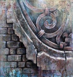 an abstract painting of a stone wall with a spiral design on the top and bottom