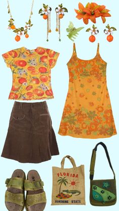 Mango Inspired Outfit, Ruecore Outfit, Summer Outfits Aesthetic Colorful, Fun And Colorful Outfit, Fruit Aesthetic Outfit, Colorful 90s Fashion, Orange Fruit Outfit, Fruitcore Outfits, Funky Outfits Summer