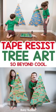 two children are making christmas trees out of construction paper and cardboard with the text tape resist tree art so beyond cool