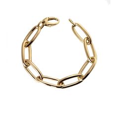 Crafted in 14K gold, Jo Nayor's Jumbo Oval Link Bracelet is a true attention getter. These 7" or 8" bracelets feature a solid gold clasp. Available in yellow and rose gold. Luxury Gold Plated Oval Bracelets, Luxury Oval Gold Plated Bracelets, Gold-tone Oval Link Bracelet With Polished Finish, Gold Plated Oval Link Bracelet With Polished Finish, Gold Bracelets With Polished Oval Link Finish, Elegant Gold Bracelet With Cable Chain In Oval Shape, Yellow Gold Oyster Chain Bracelet With Oval Links, Gold Oval Bracelet With Polished Finish, Elegant Gold Oyster Bracelet With Oval Link