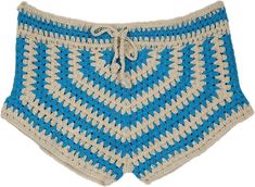 A beautiful pair of handmade sky blue and natural-color beige fiber crochet shorts, a one-of-a-kind piece with a drawstring waist for comfort.  This is a very unique piece of shorts, a great one for standing out with a unique look and color pattern. #tlb #CrochetClothing #JuniorPetite #Misses #beachwrap #CrochetShorts Handmade Summer Bottoms For Vacation, Handmade Short Bottoms For Summer, Handmade Short Summer Bottoms, Handmade Summer Shorts, Blue Bohemian Shorts For Beach, Blue Bohemian Shorts For The Beach, Bohemian Blue Shorts For Beach, Bohemian Blue Shorts For The Beach, Light Blue Beach Shorts For Beach Season