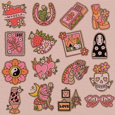 some stickers that are on the side of a pink wall with flowers and hearts