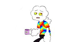 a drawing of a person holding a coffee cup and wearing rainbow colored clothing with yellow eyes