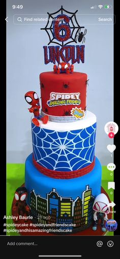 a spiderman themed birthday cake for someone's 6th birthday on his facebook page