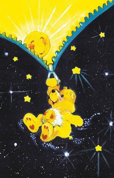 two teddy bears are hanging upside down in the sky with stars around them and one bear is holding on to the string